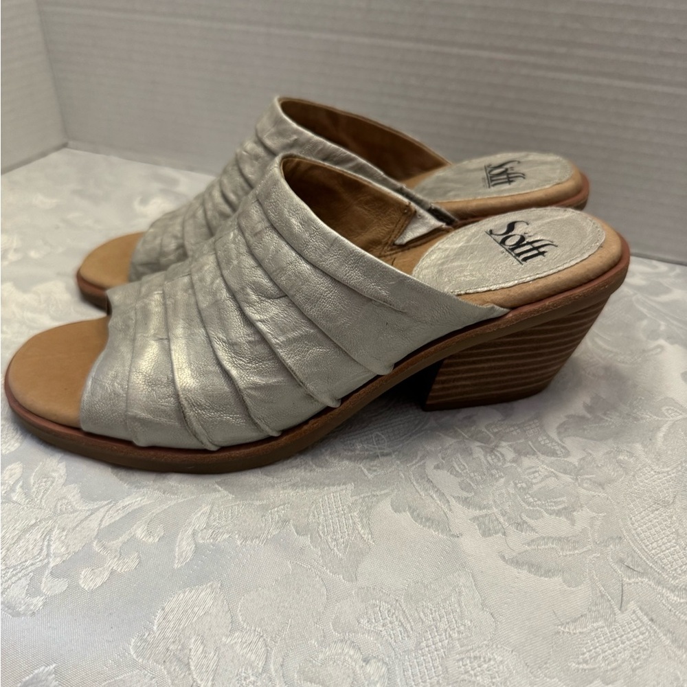 Sofft 8.5M Pienza Leather Pleated Mule Sandal Comfort‎ Shoe Silver - Picture 3 of 10
